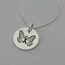 Butterfly and Cancer Ribbon Necklace with 'Brave and Strong' Engraved on the Back